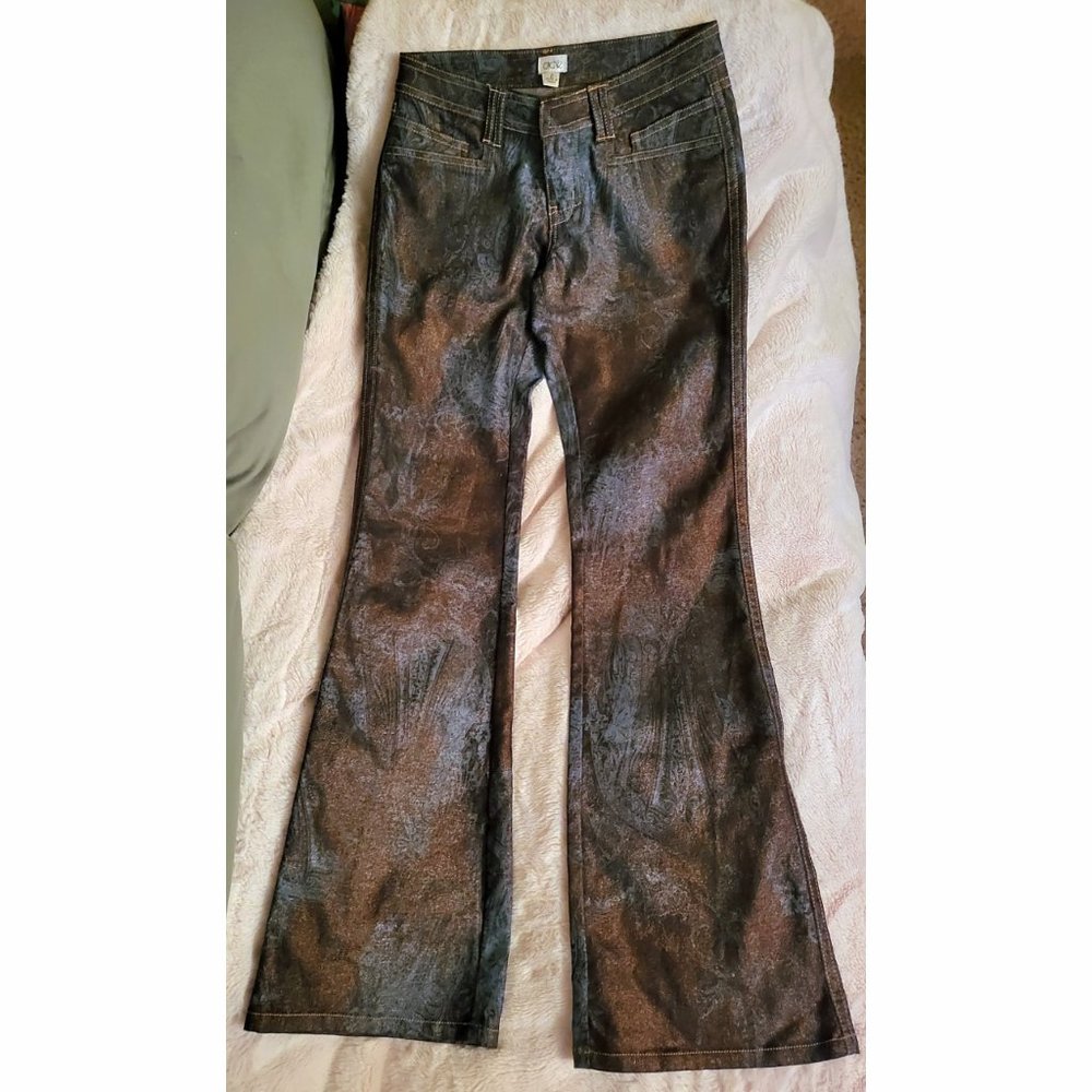 NWOT Cache gold glitter metallic blue paisley jeans 15" across waist